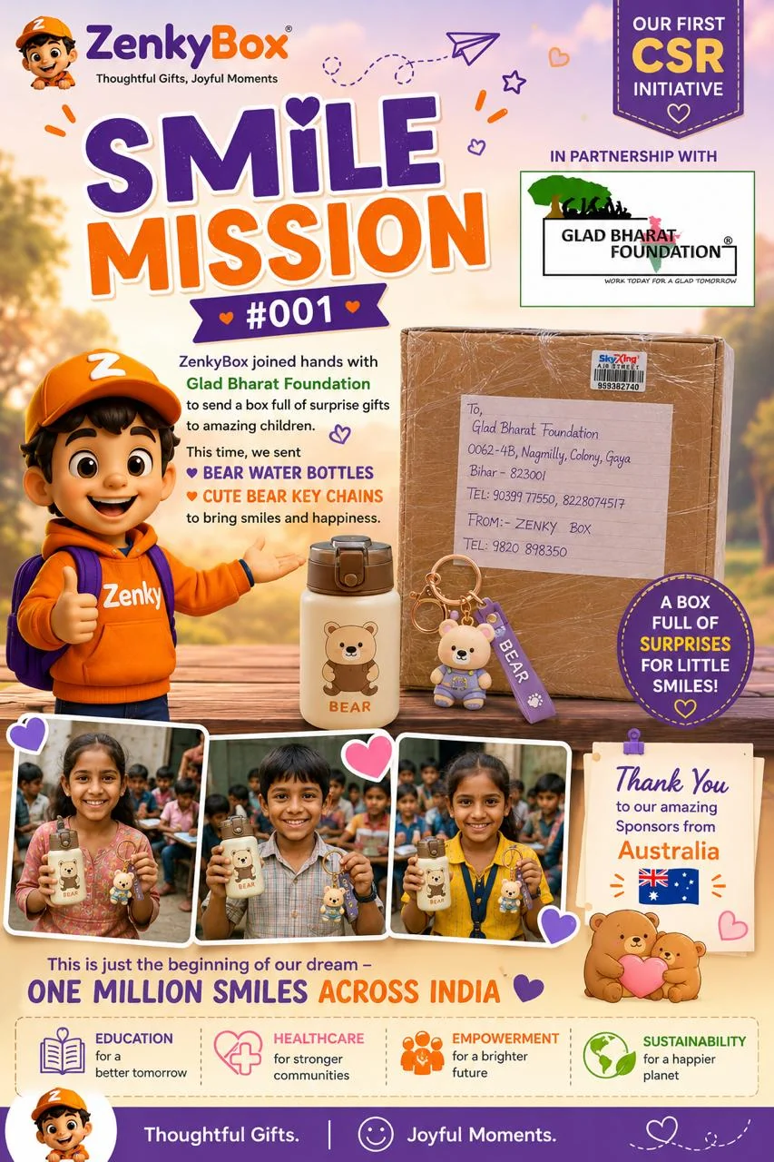 ZenkyBox Smile Mission #001 — bear water bottles and bear keychains sent to children in Gaya, Bihar in partnership with Glad Bharat Foundation