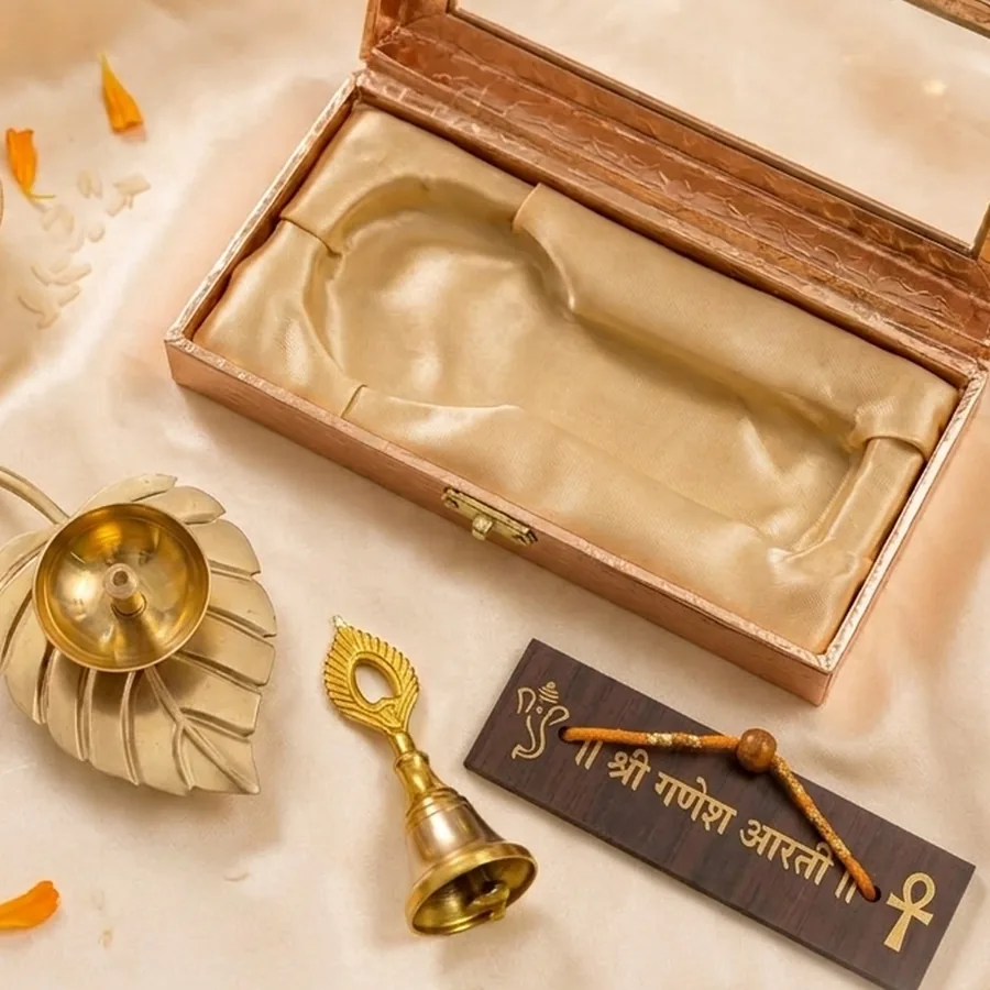 Ganapati Aarti Set — Brass Diya, Bell & Wooden Aarti Booklet — ZenkyBox Pooja & Festive Gifts | view 1