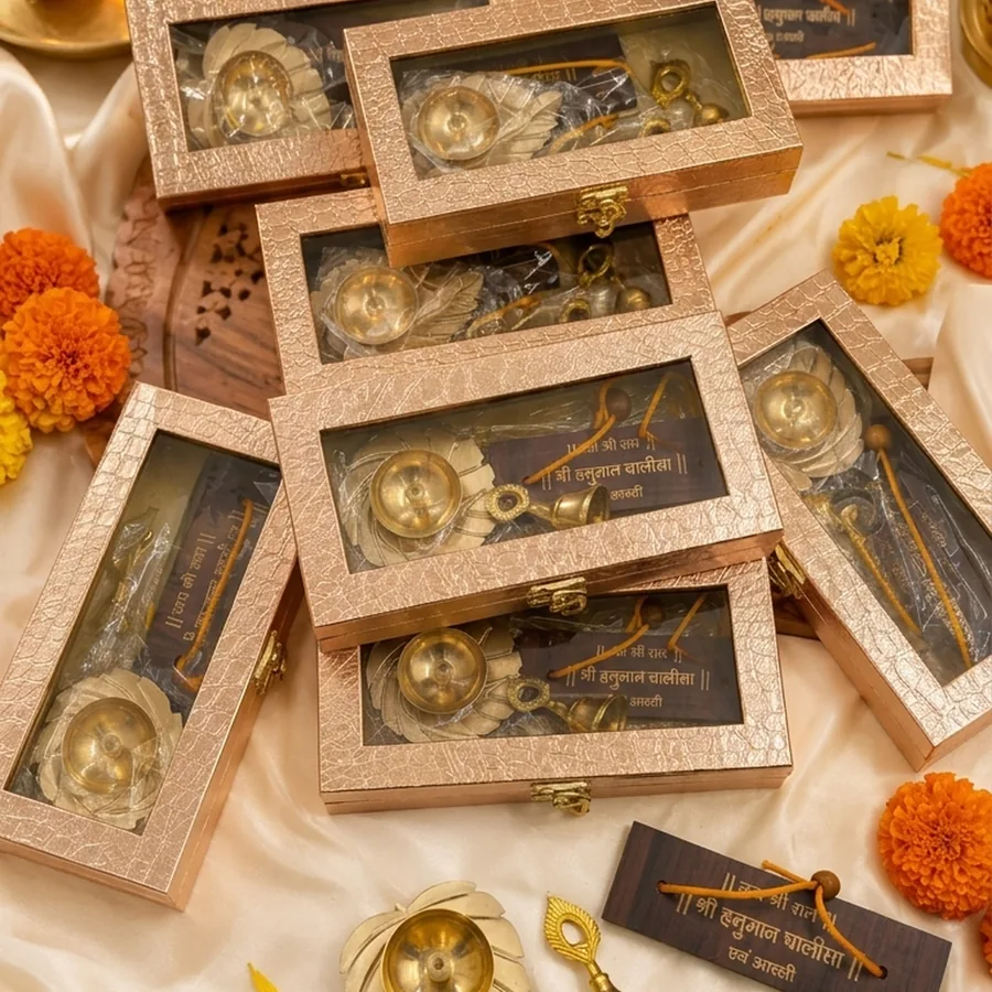 Ganapati Aarti Sets stacked in gift boxes for Ganesh Chaturthi return gifting