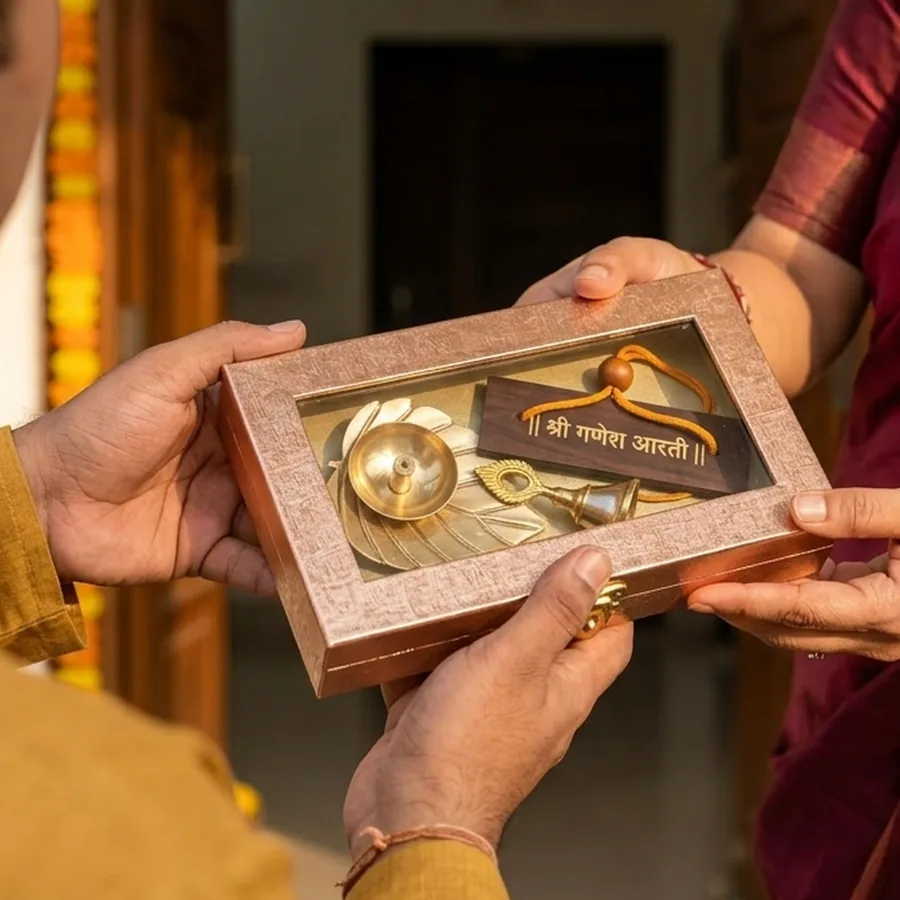 Ganapati Aarti Set — Brass Diya, Bell & Wooden Aarti Booklet — ZenkyBox Pooja & Festive Gifts | view 3