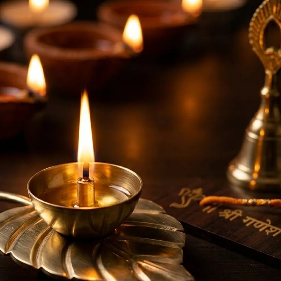 Ganapati Aarti Set — Brass Diya, Bell & Wooden Aarti Booklet — ZenkyBox Pooja & Festive Gifts | view 4