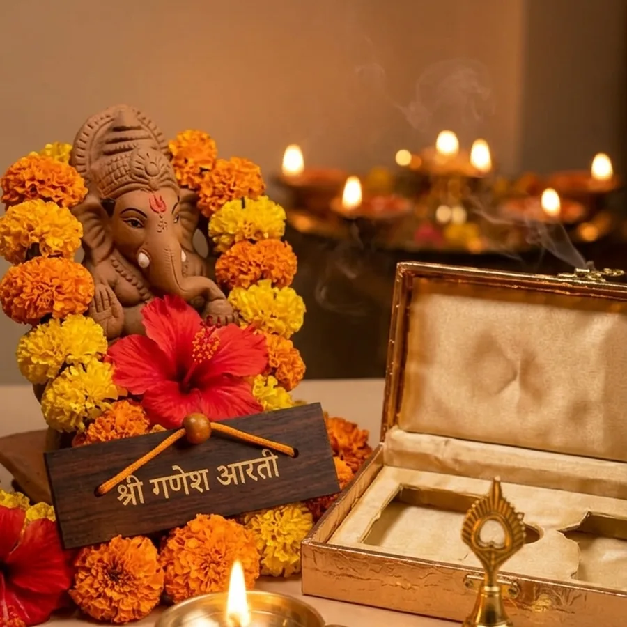 Ganapati Aarti Set — Brass Diya, Bell & Wooden Aarti Booklet — ZenkyBox Pooja & Festive Gifts | view 6