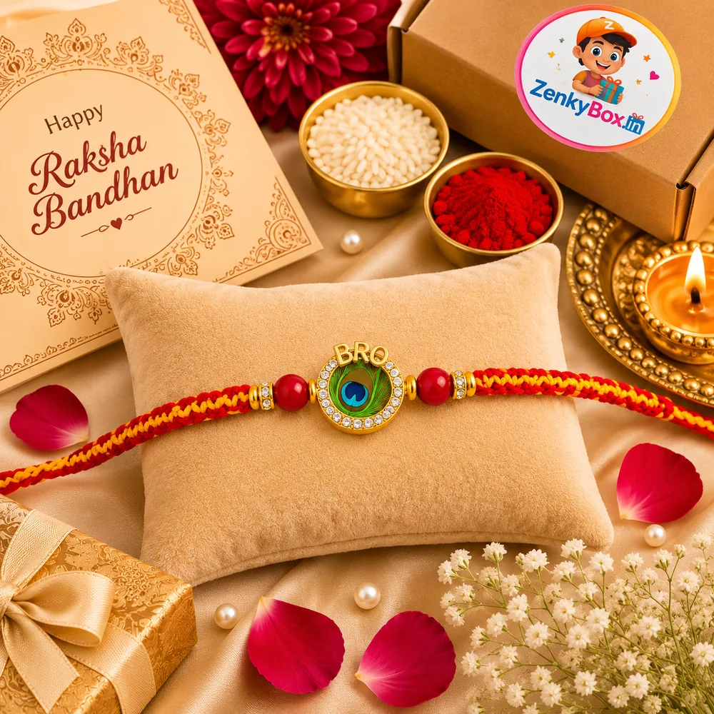 Peacock Kundan BRO Rakhi Combo — ZenkyBox Combo Packs | view 1