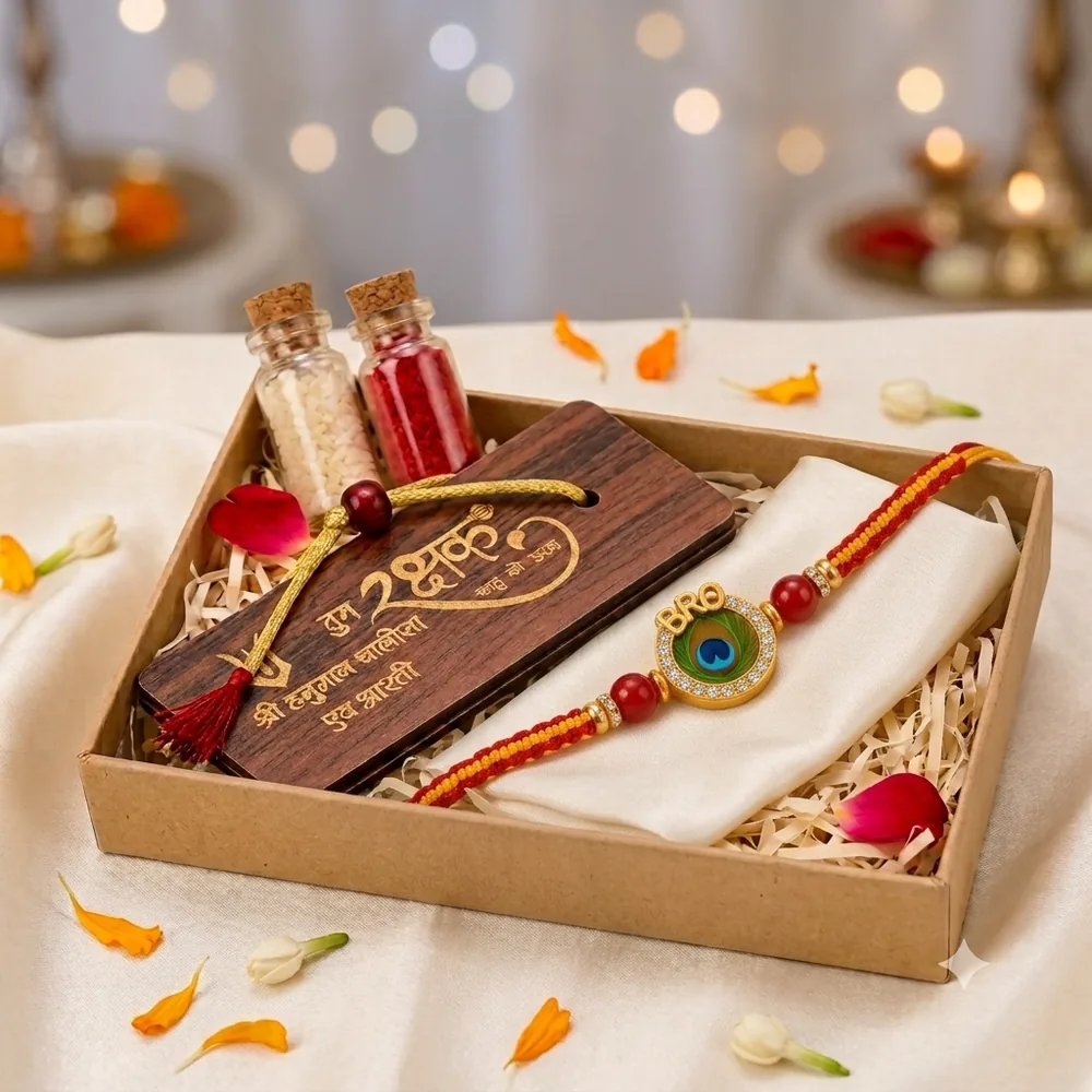 Peacock Kundan BRO Rakhi Combo — ZenkyBox Combo Packs | view 3