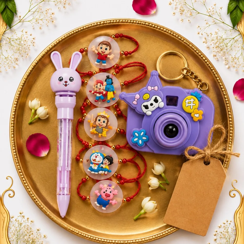 Cartoon Kids Rakhi Set of 5 with Bunny Pen & Camera Keychain — ZenkyBox