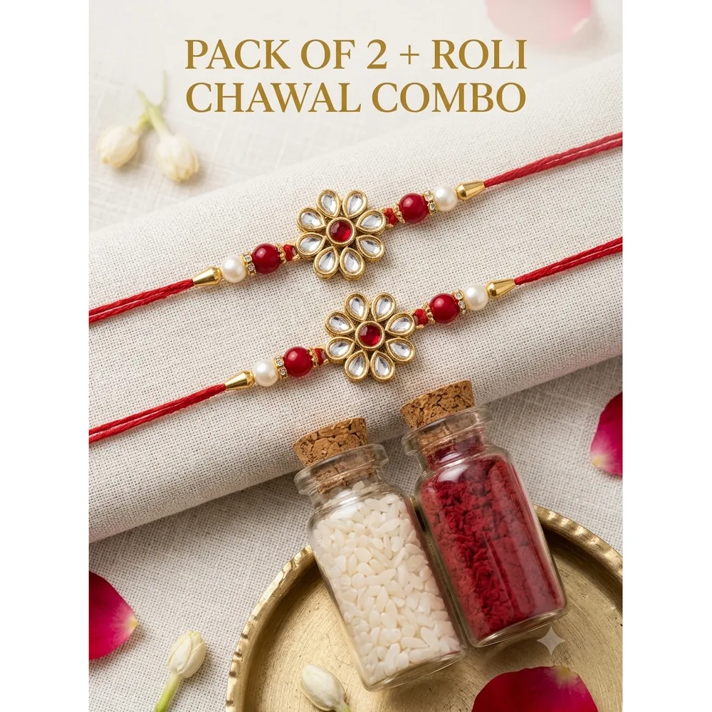 Kundan Floral Rakhi Set of 2 with Roli Chawal — ZenkyBox Combo Packs | view 1
