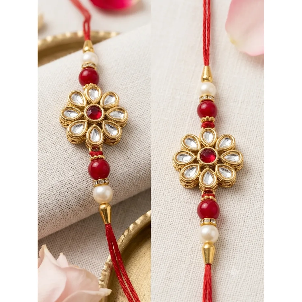 Kundan Floral Rakhi Set of 2 with Roli Chawal — ZenkyBox Combo Packs | view 2