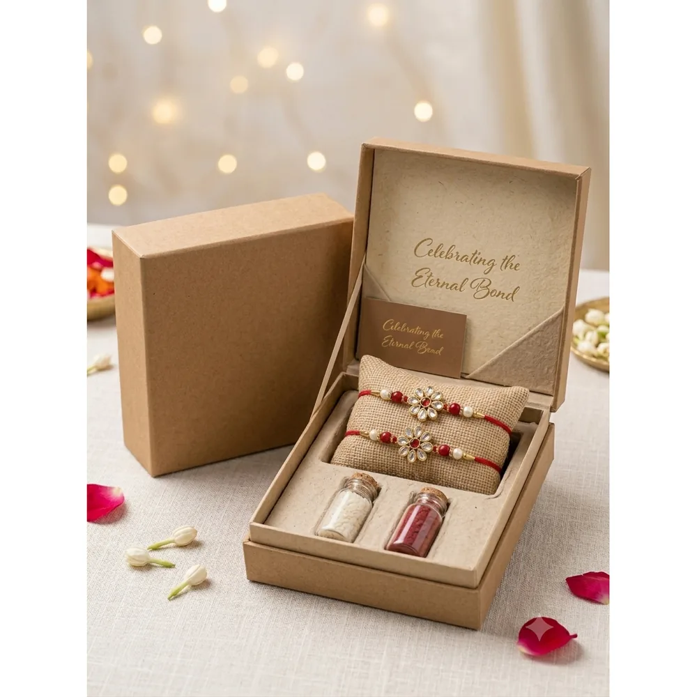 Kundan Floral Rakhi Set of 2 with Roli Chawal — ZenkyBox Combo Packs | view 3