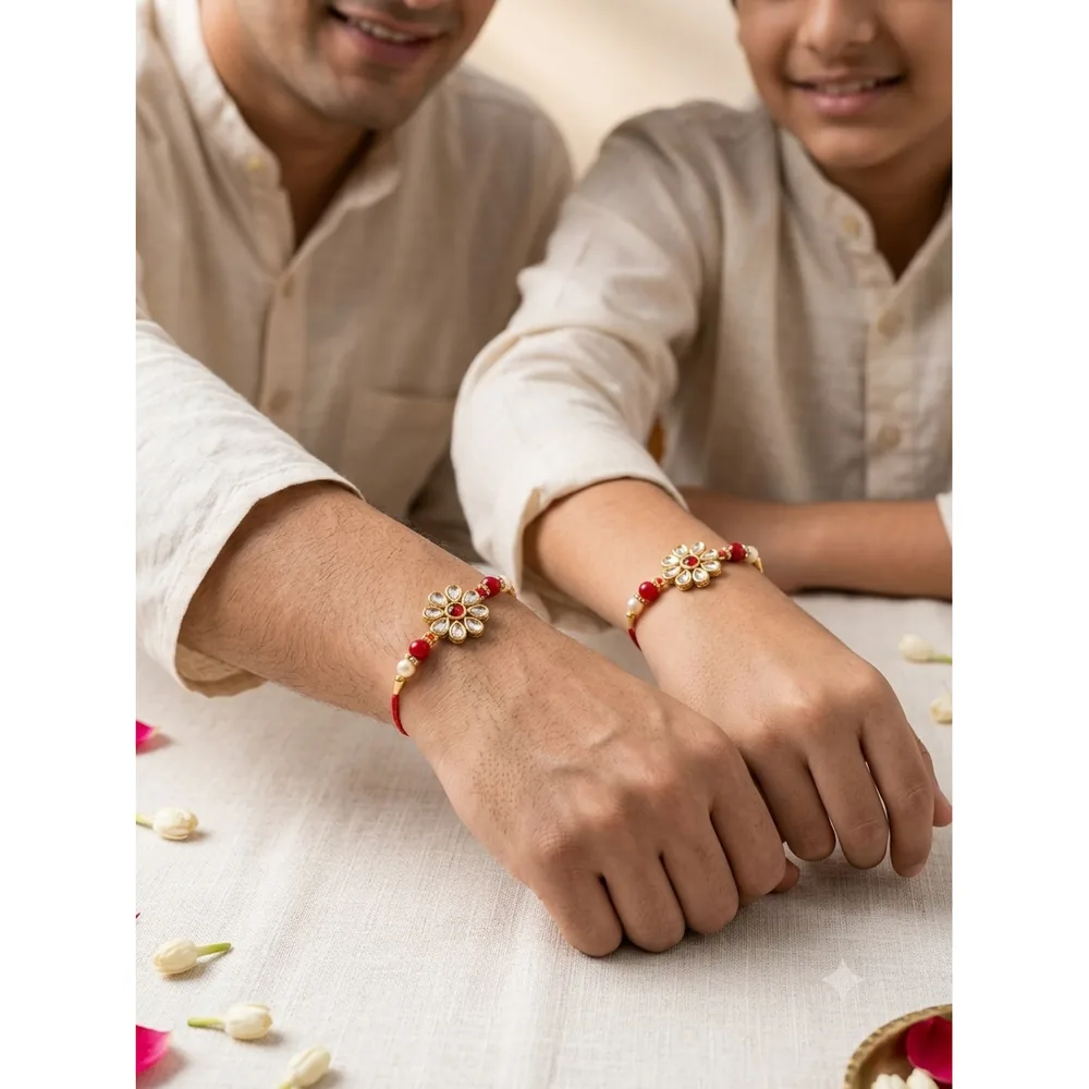 Kundan Floral Rakhi Set of 2 with Roli Chawal — ZenkyBox Combo Packs | view 4