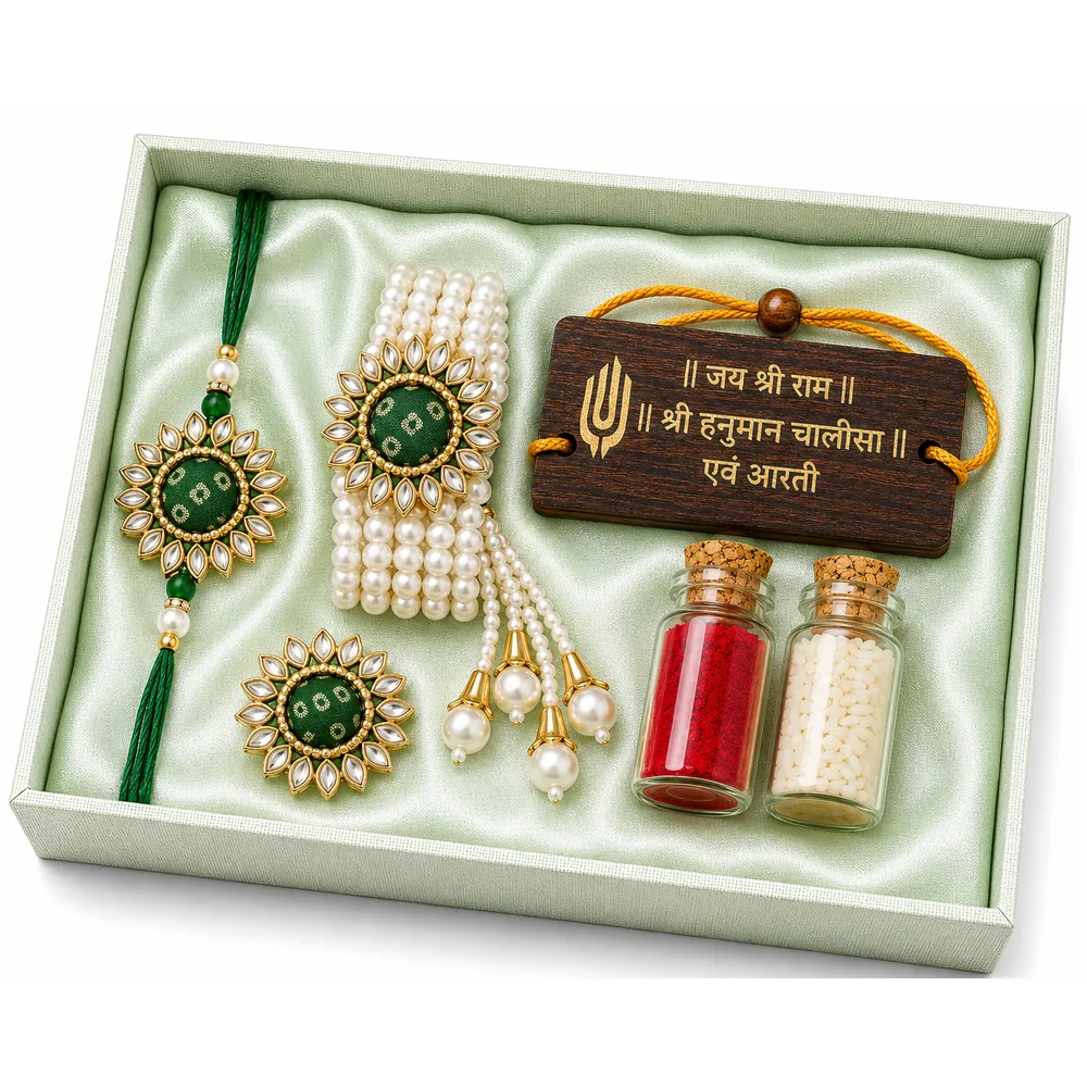 Green Bandhani Bhaiya Bhabhi Rakhi Set with Ring — ZenkyBox Combo Packs | view 1