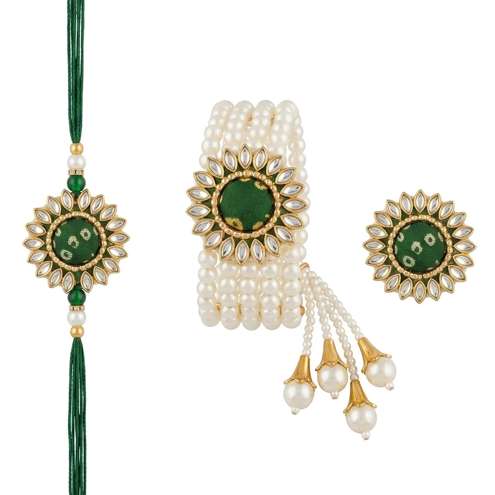Green Bandhani Bhaiya Bhabhi Rakhi Set with Ring — ZenkyBox Combo Packs | view 2