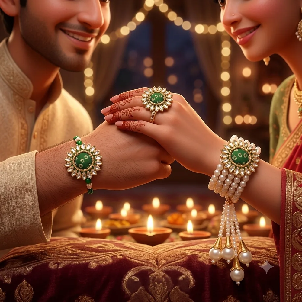 Green Bandhani Bhaiya Bhabhi Rakhi Set with Ring — ZenkyBox Combo Packs | view 3