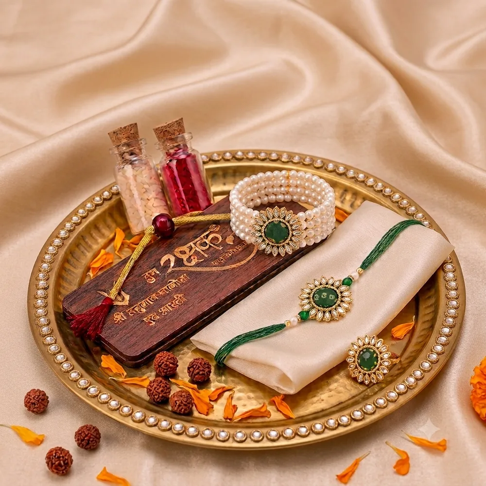 Green Bandhani Bhaiya Bhabhi Rakhi Set with Ring — ZenkyBox Combo Packs | view 4