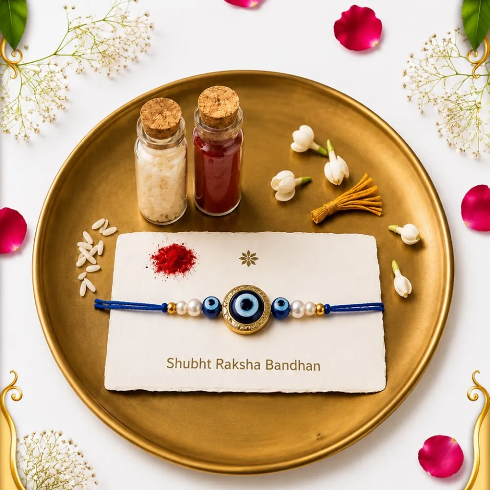 Evil Eye Pearl Rakhi with Roli Chawal Vials — ZenkyBox