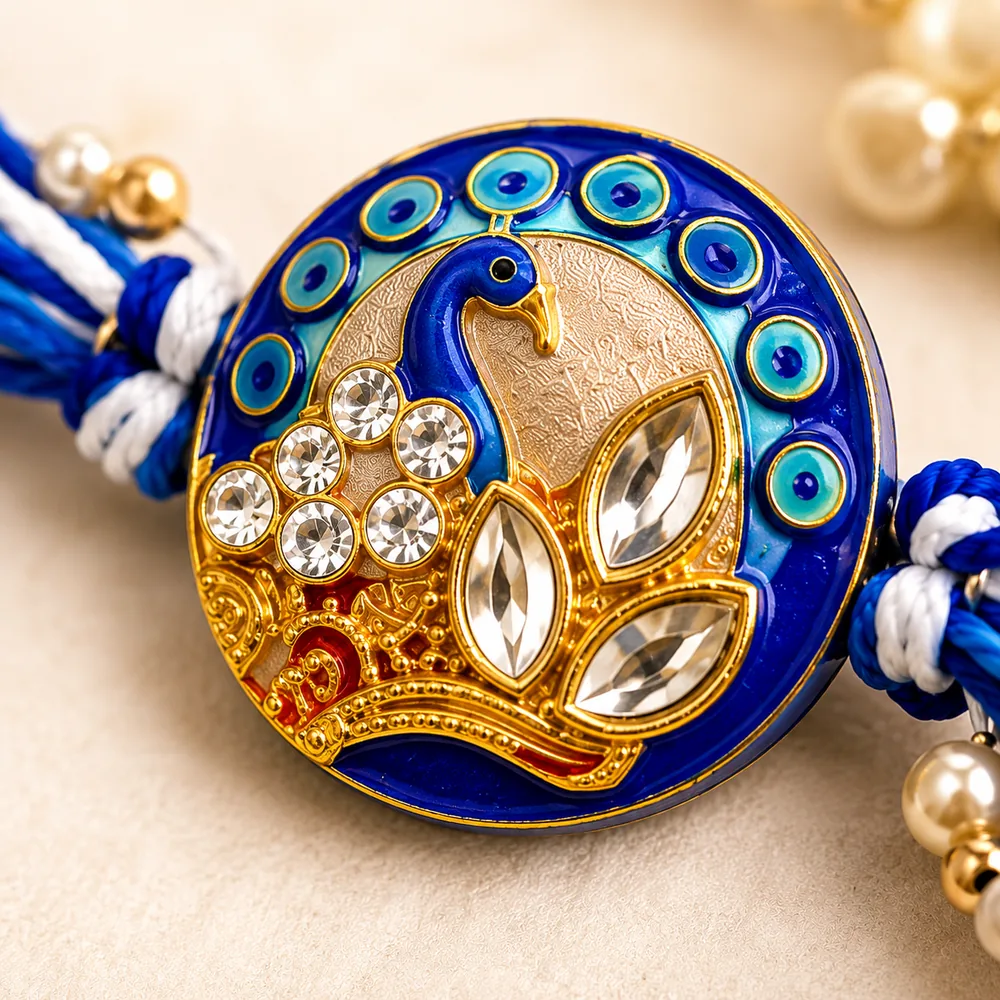 Peacock Enamel Rakhi with Hanuman Chalisa — ZenkyBox Combo Packs | view 1