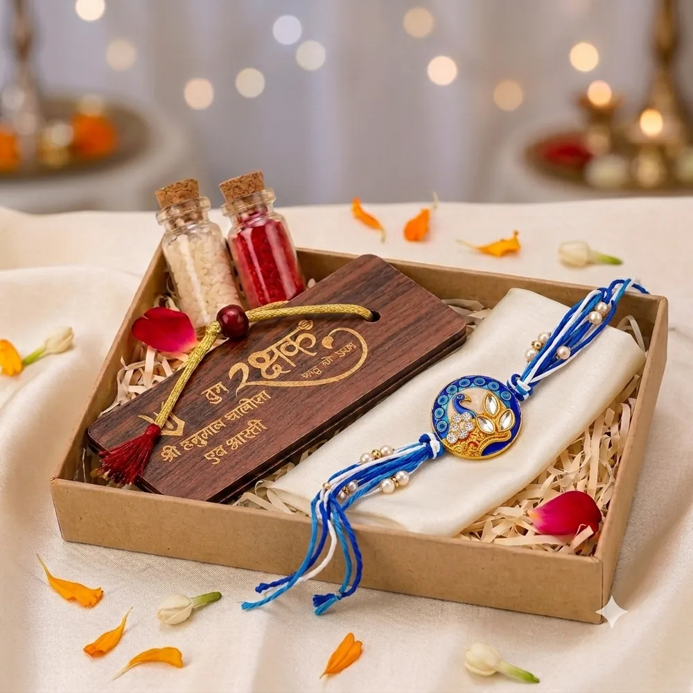 Peacock Enamel Rakhi with Hanuman Chalisa — ZenkyBox Combo Packs | view 3