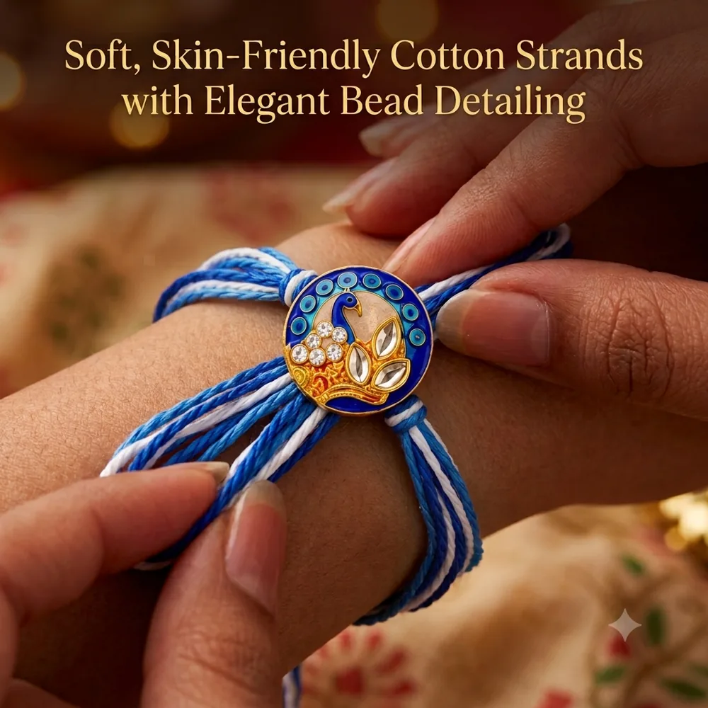 Peacock Enamel Rakhi with Hanuman Chalisa — ZenkyBox Combo Packs | view 4