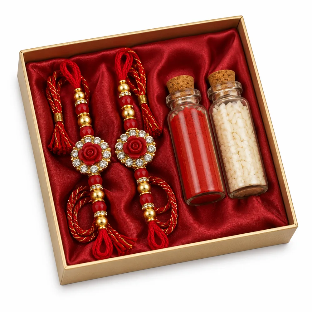 Rose Rakhi Set of 2 for Brothers with Roli Chawal — ZenkyBox Combo Packs | view 1