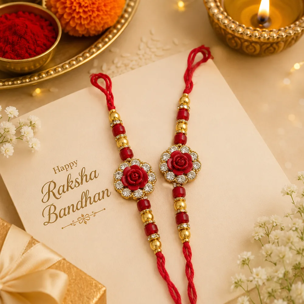 Rose Rakhi Set of 2 for Brothers with Roli Chawal — ZenkyBox Combo Packs | view 2