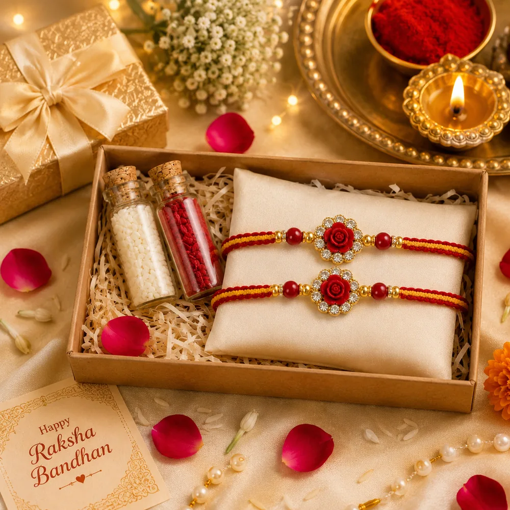 Rose Rakhi Set of 2 for Brothers with Roli Chawal — ZenkyBox Combo Packs | view 3