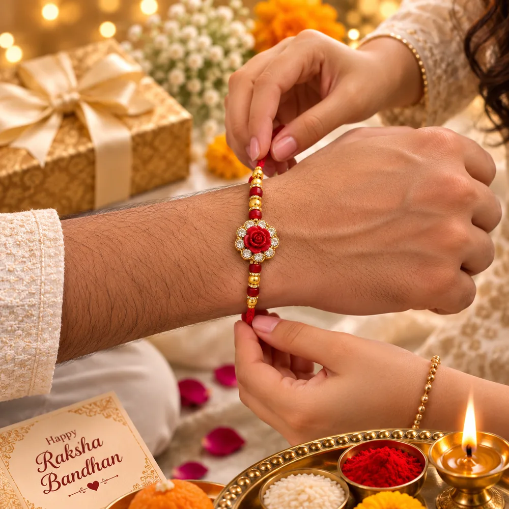 Rose Rakhi Set of 2 for Brothers with Roli Chawal — ZenkyBox Combo Packs | view 4