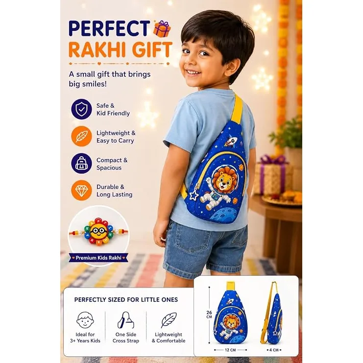 Space Lion Sling Bag with Smiley Rakhi (Kids Combo) — ZenkyBox Bags & Pouches | view 3