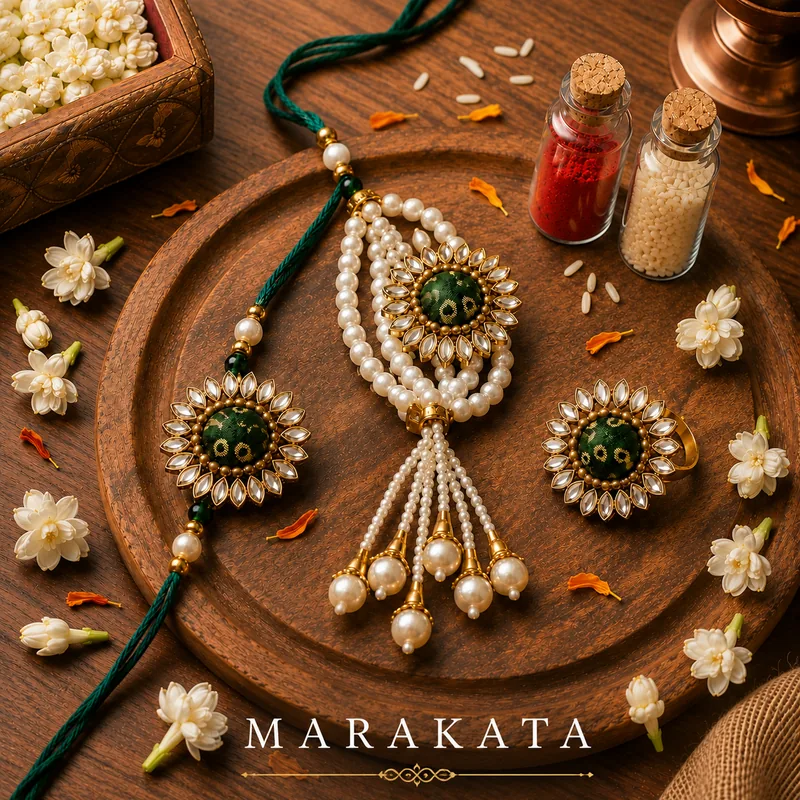 Marakata — handcrafted emerald kundan bhaiya-bhabhi rakhi set with layered pearls and roli chawal, by ZenkyBox