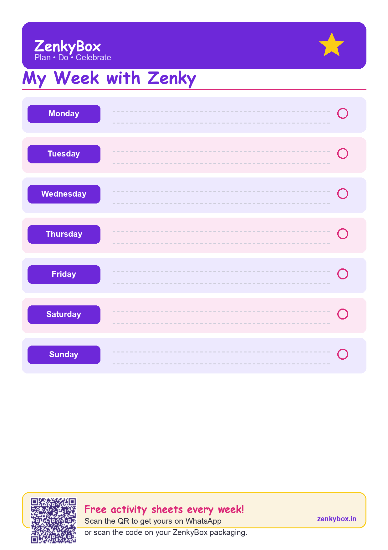 My Week with Zenky — Weekly Planner — free printable for kids by ZenkyBox