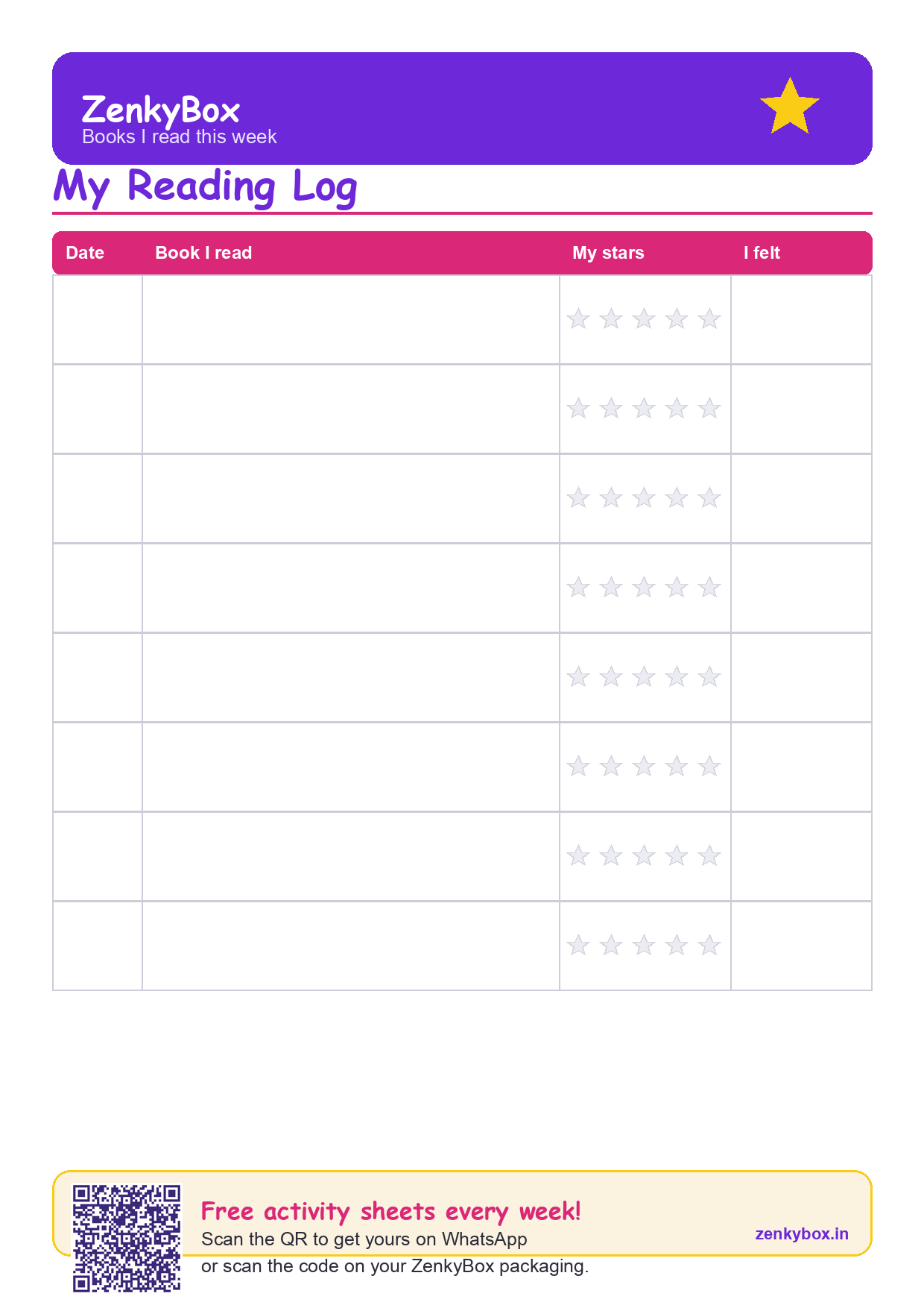My Reading Log — free printable for kids by ZenkyBox
