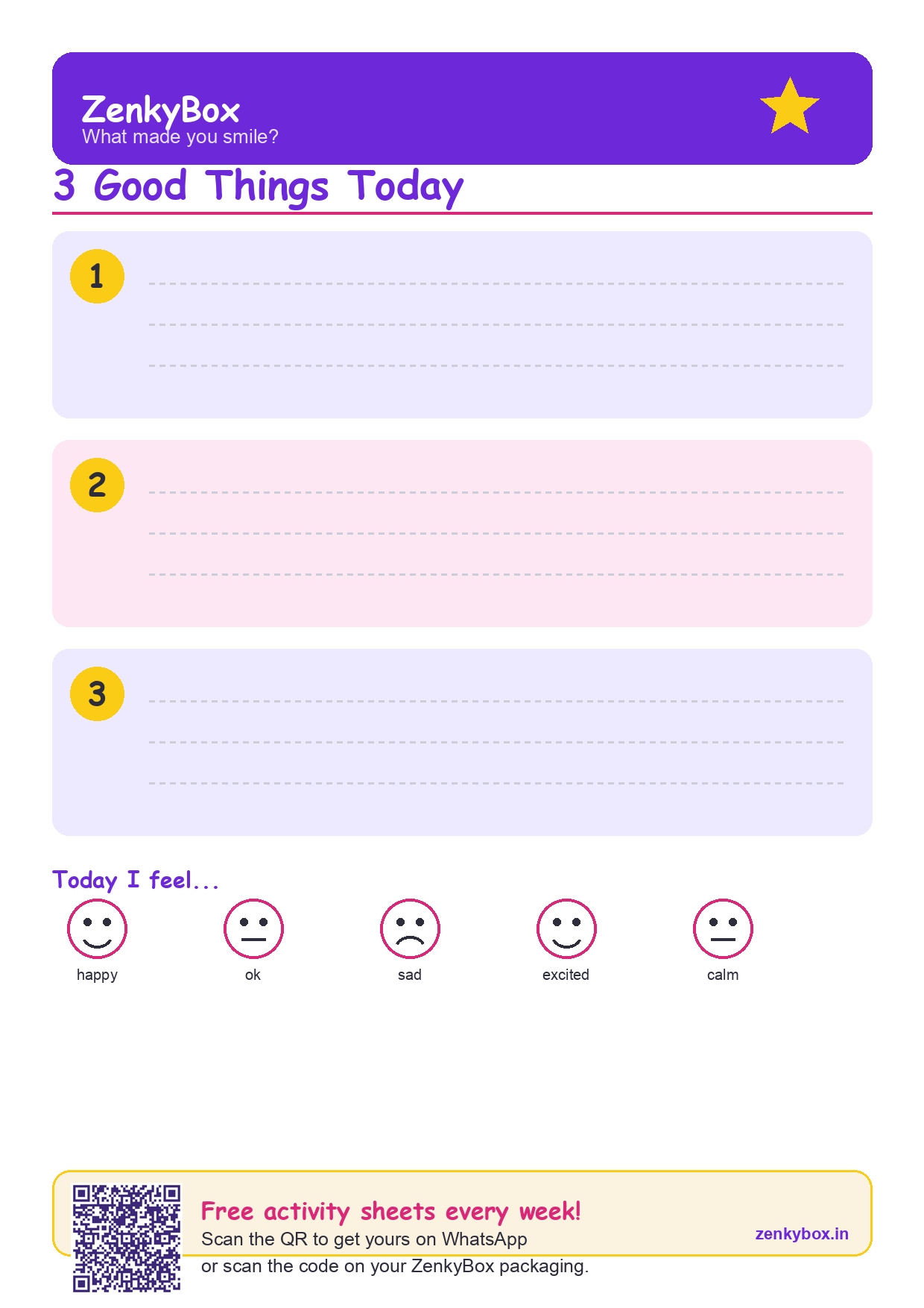 3 Good Things Today — Gratitude Sheet — free printable for kids by ZenkyBox