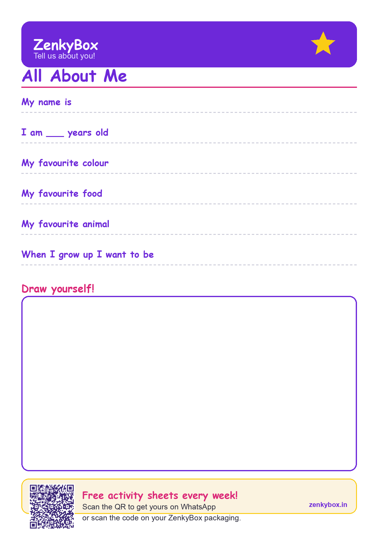 All About Me — free printable for kids by ZenkyBox
