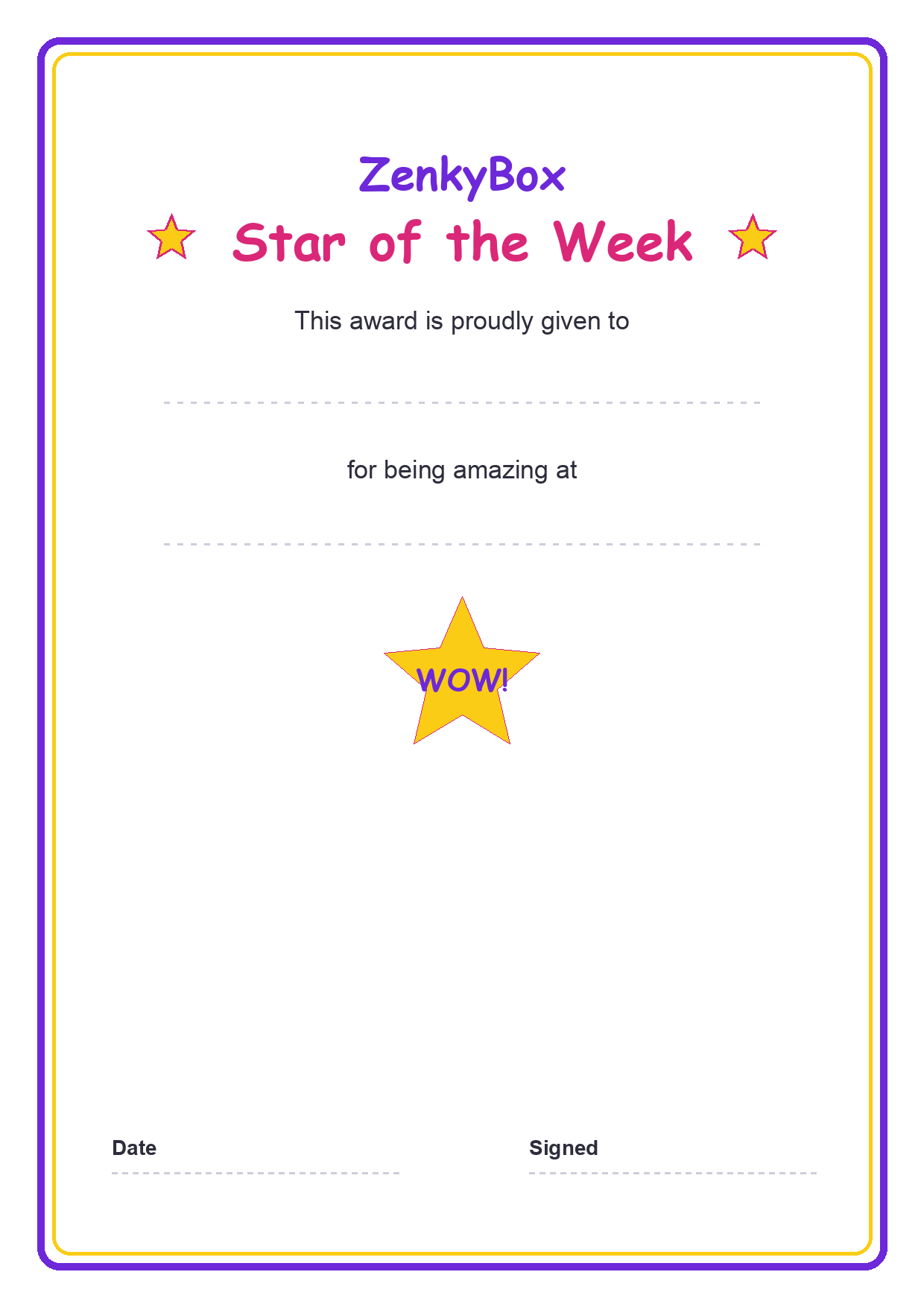 Star of the Week Certificate — free printable for kids by ZenkyBox