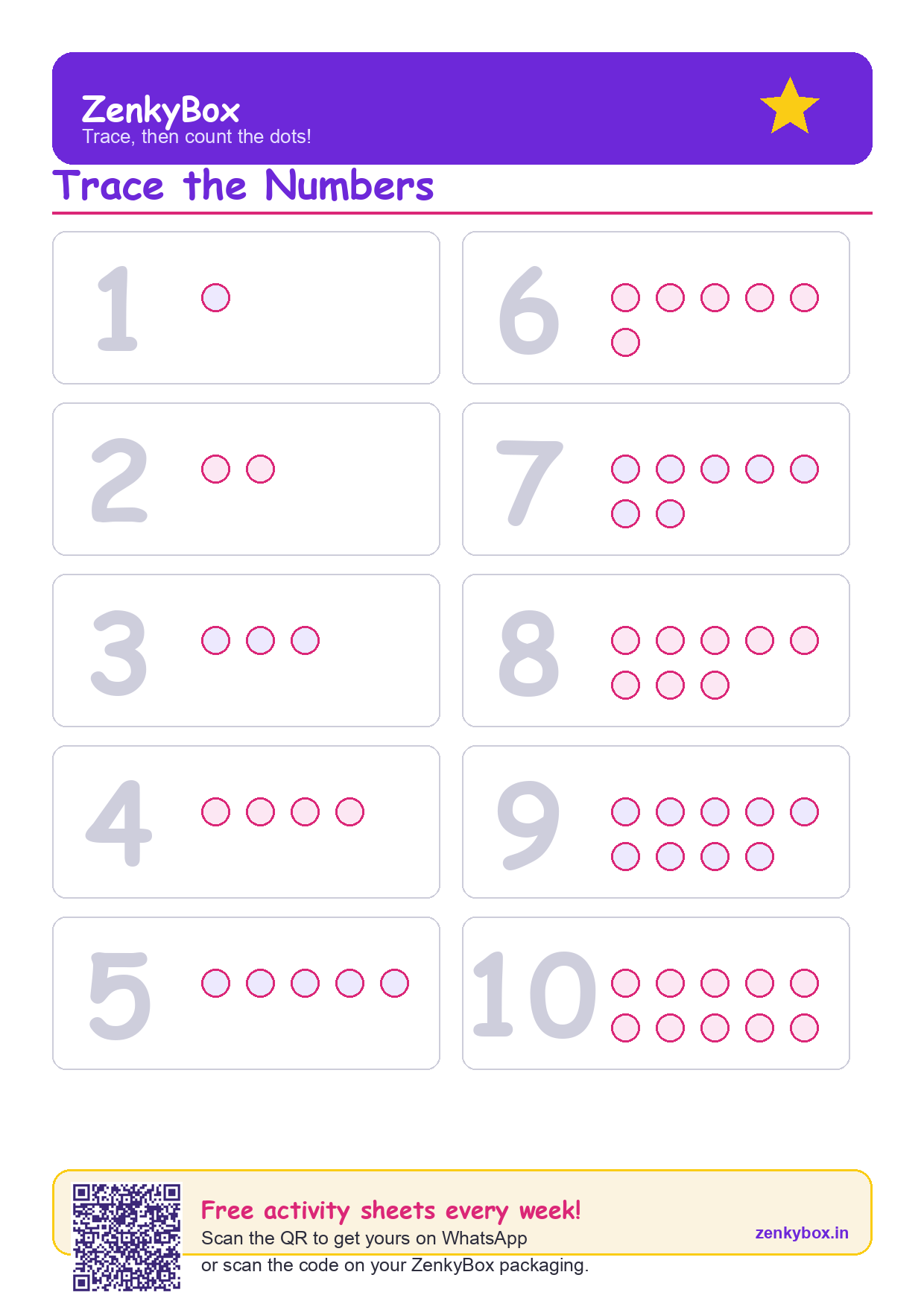 Trace the Numbers 1–10 — free printable for kids by ZenkyBox