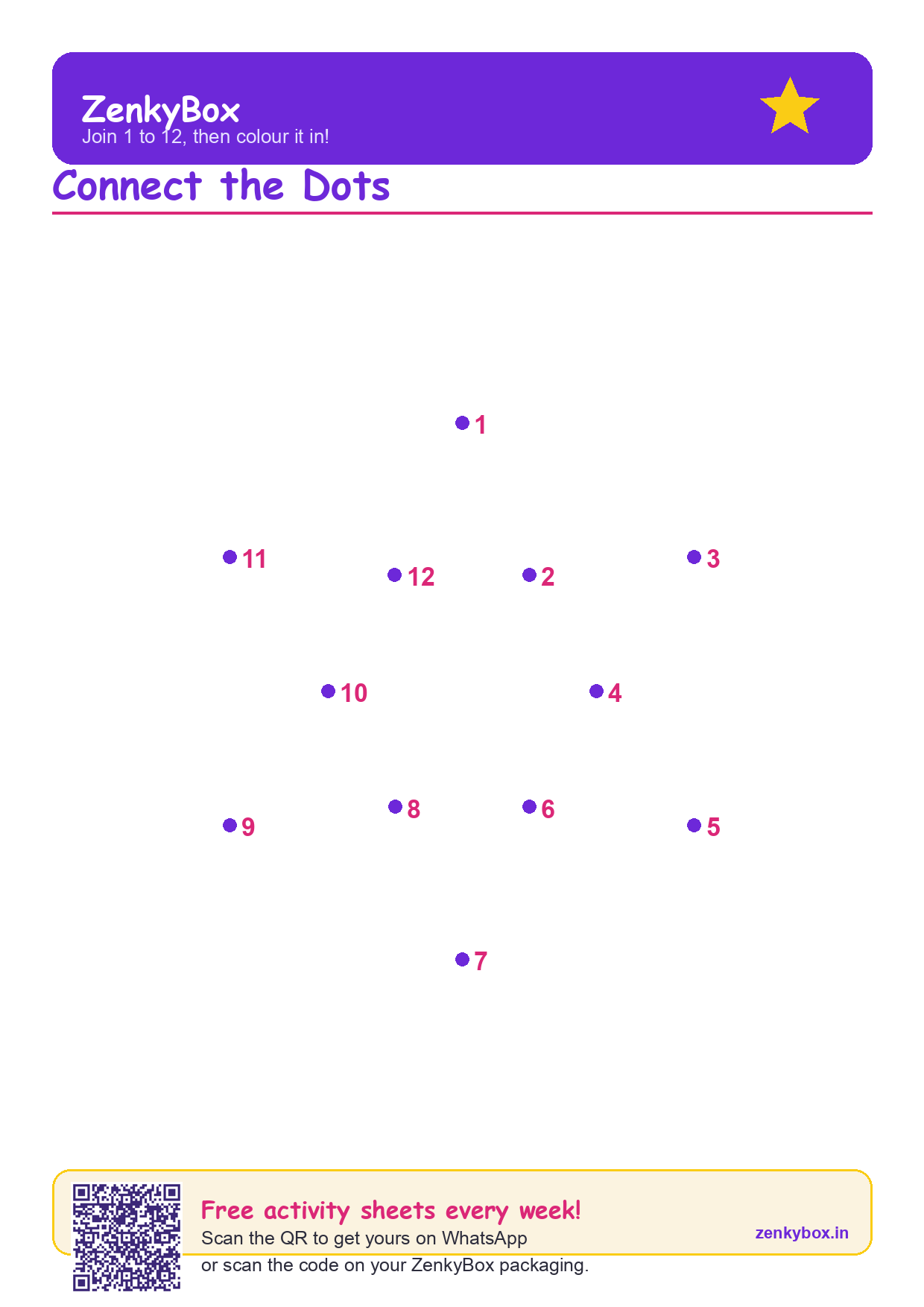 Connect the Dots (1–12) — free printable for kids by ZenkyBox