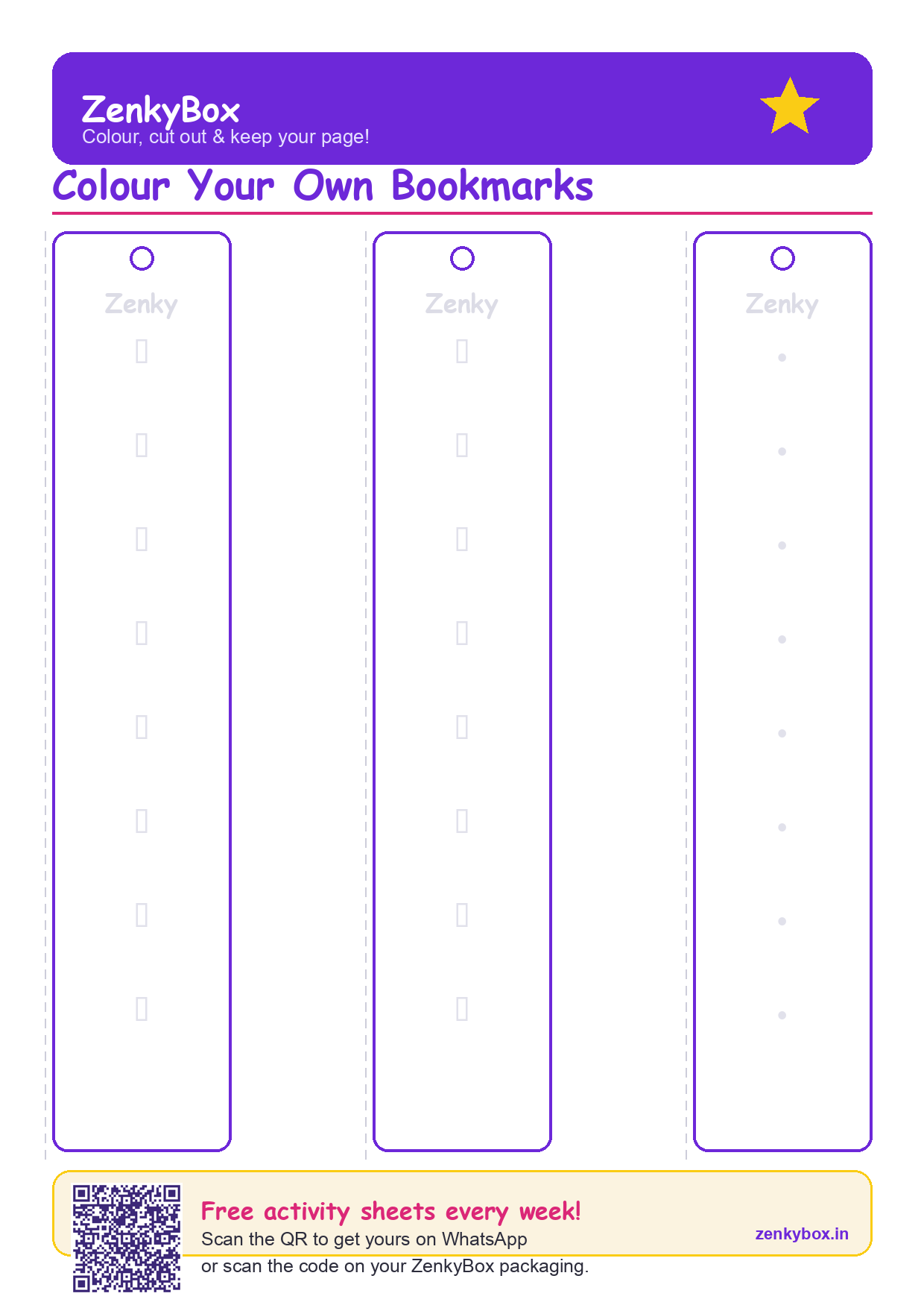 Colour Your Own Bookmarks — free printable for kids by ZenkyBox